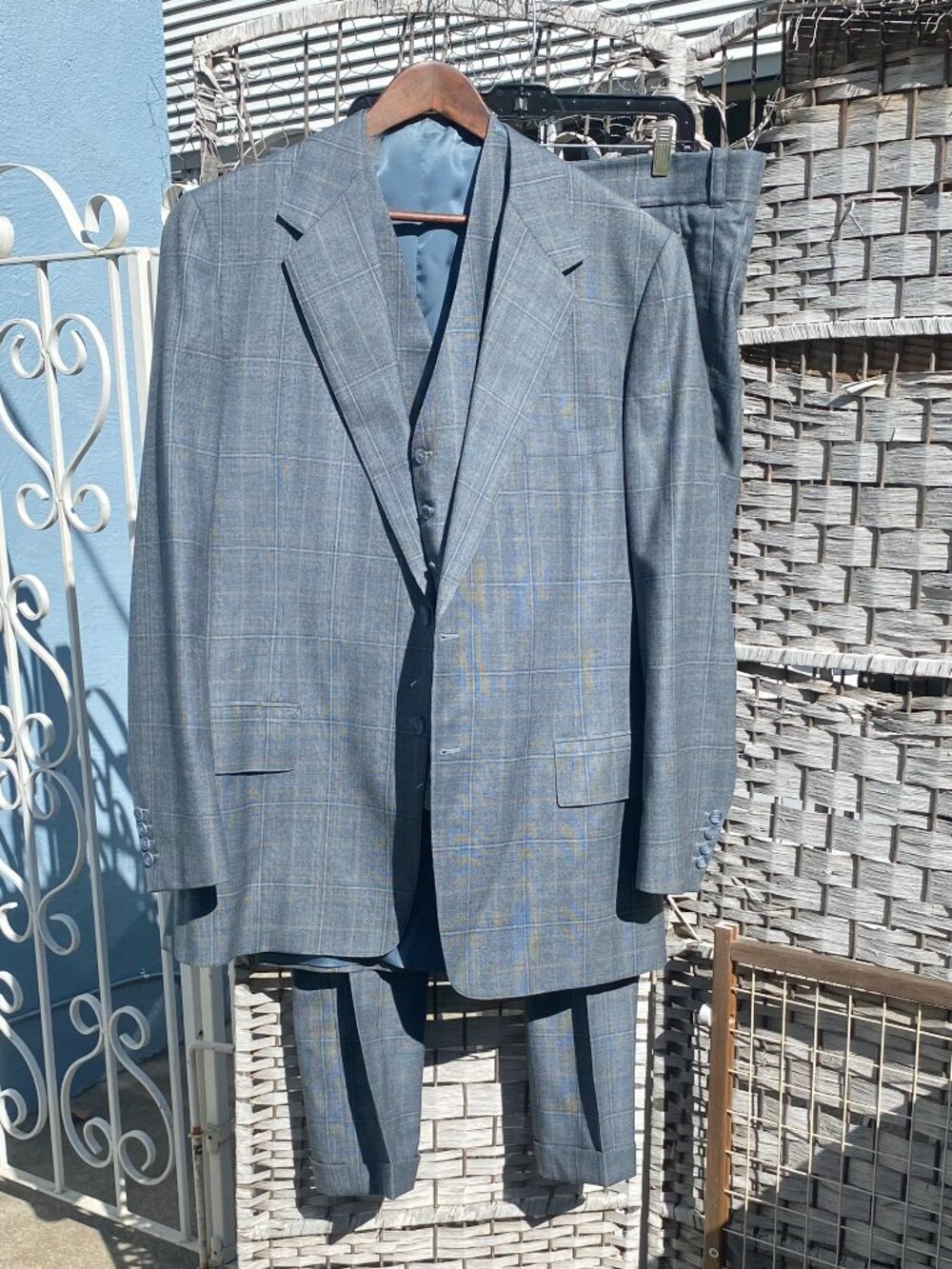 70s Three Piece Suit Perkins Blue Glen Check Plaid Big Tall 49R Bespoke Vintage